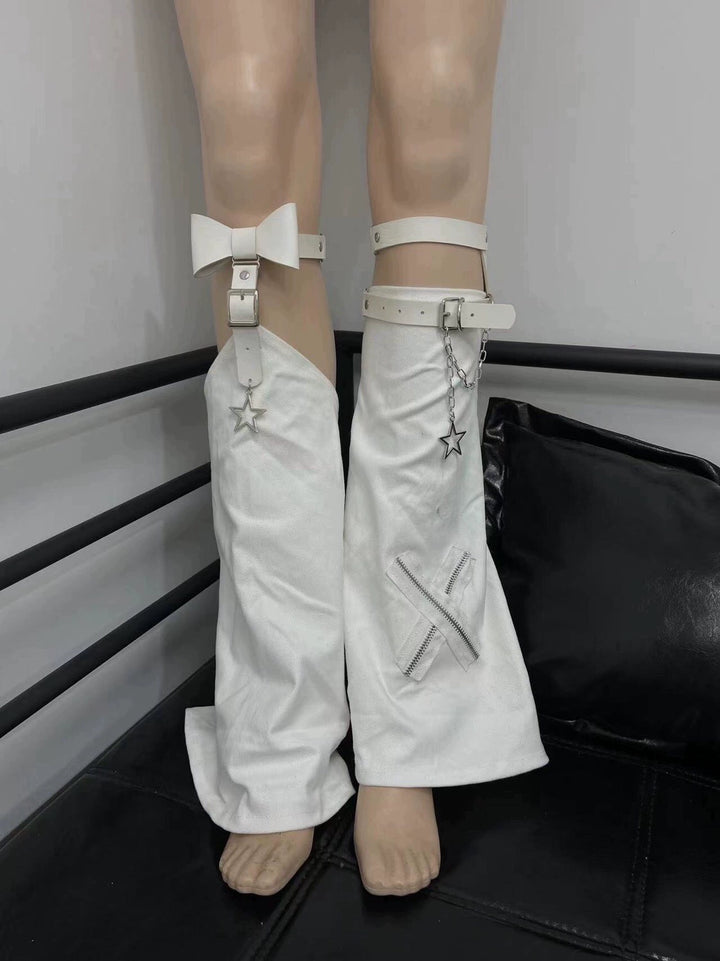 Y2K Leg Cover Cross Chain Leather Buckle Leg Warmer (White) 36510:516282 (White) 36510:516282