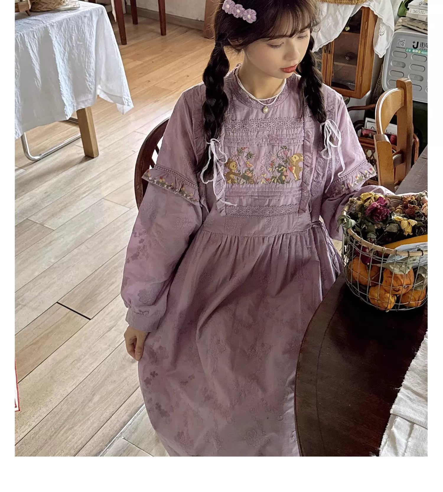 Mori Kei Dress Cottagecore Dress Purple Embroidered Dress 36248:534528