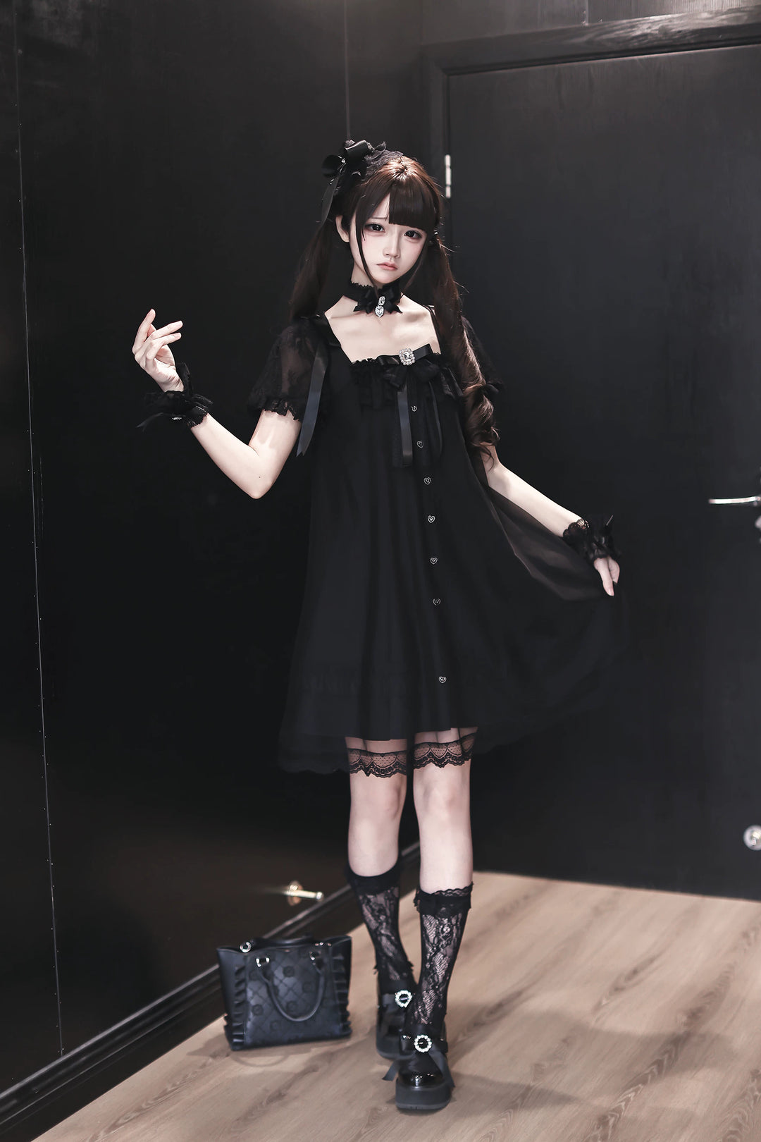 Jirai Kei Tulle Overlay Dress, Square Neckline 45558:855537