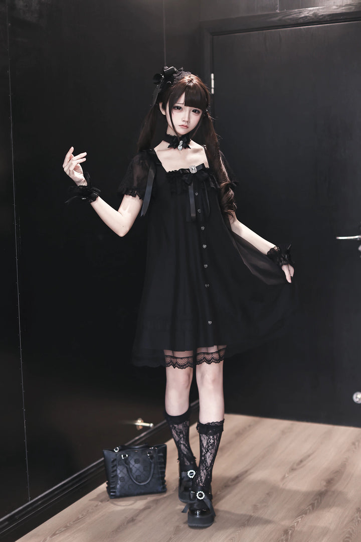 Jirai Kei Tulle Overlay Dress, Square Neckline 45558:855537