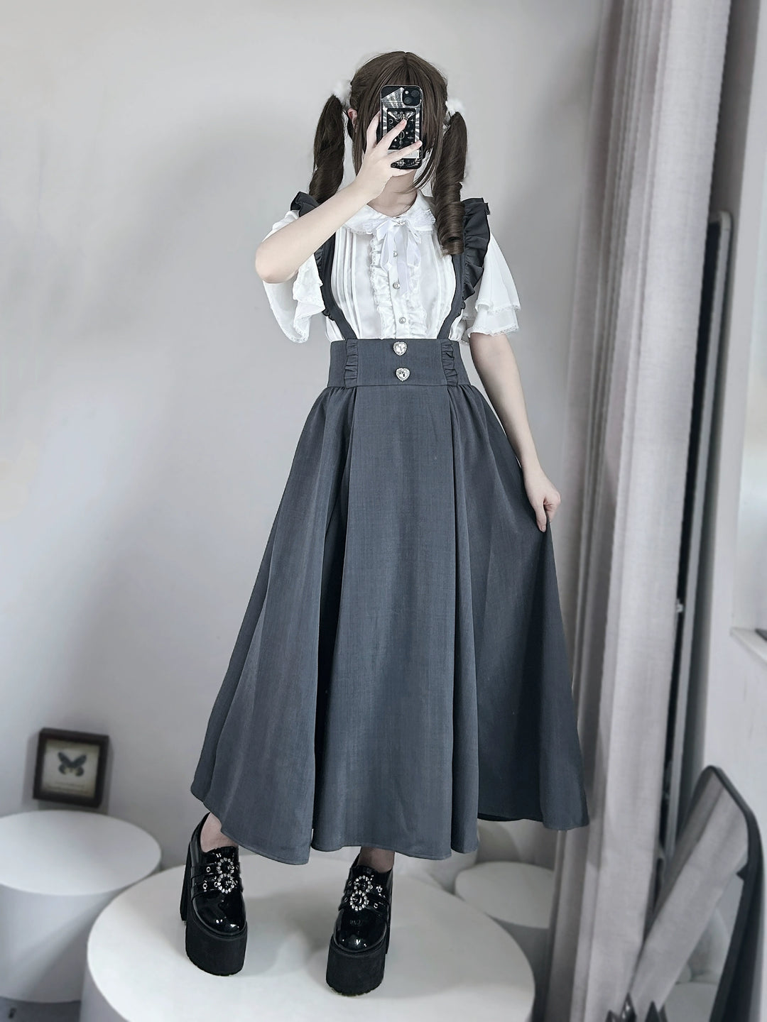 Solid Seiso Kei Suspender Skirt, Ankle Length 44166:798550
