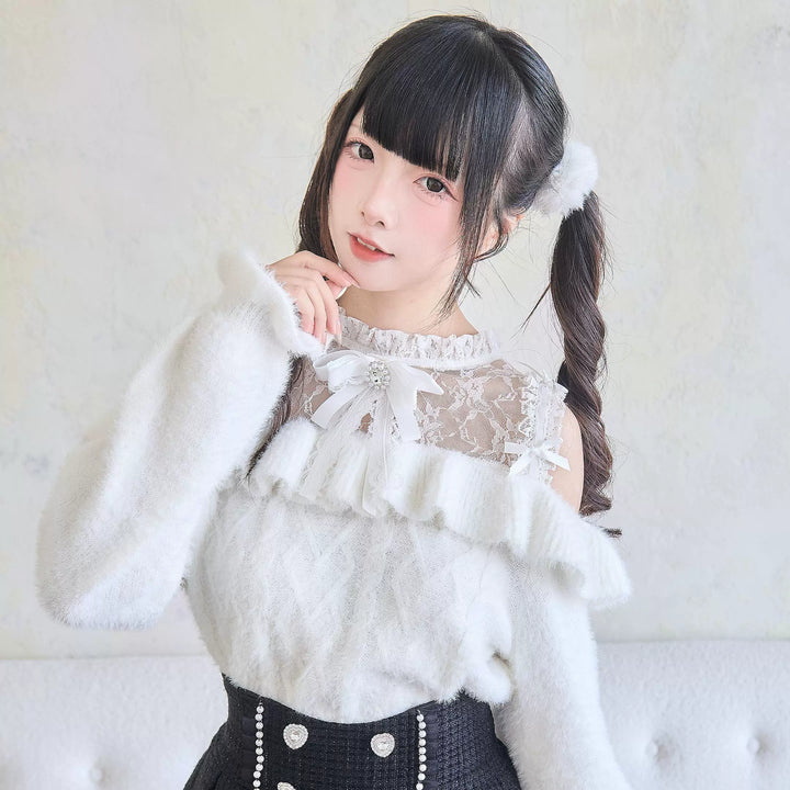 Jirai Kei Sweater Lace Frill Collar Knit Sweater With Bow 41680:710134