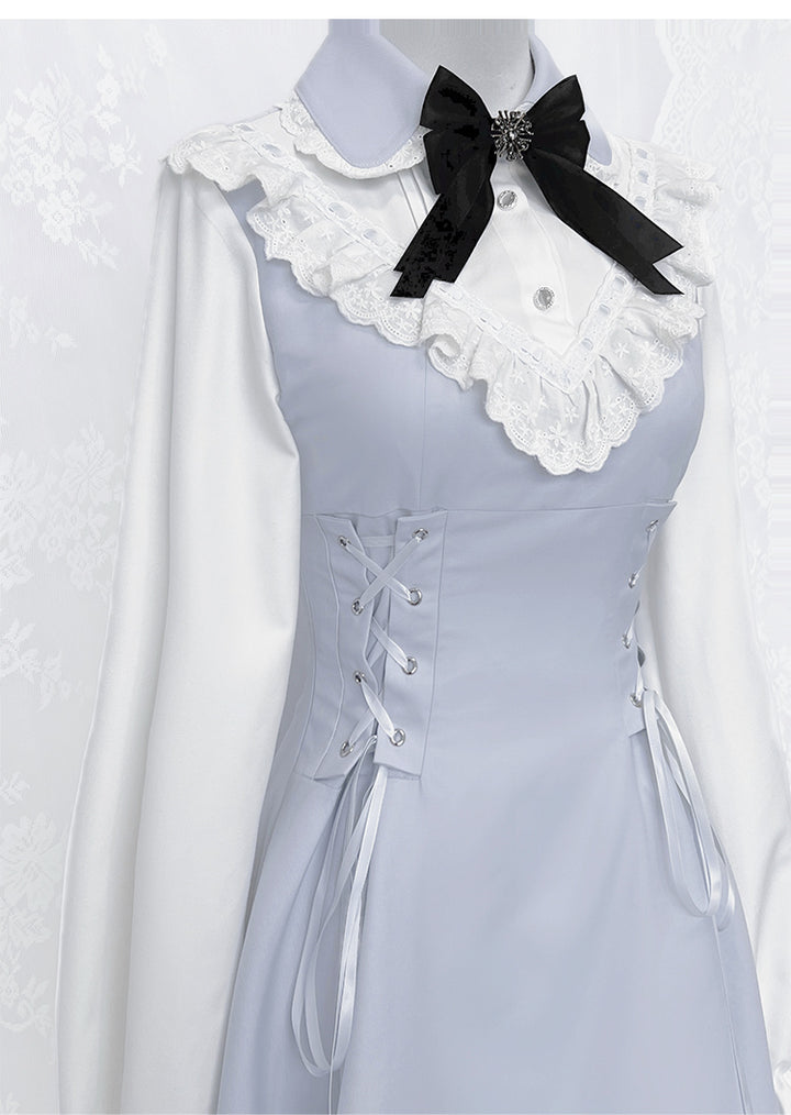 Blue Jirai Kei Dress with Ruffled Lace Trim and Lace-up Detail 42236:734715