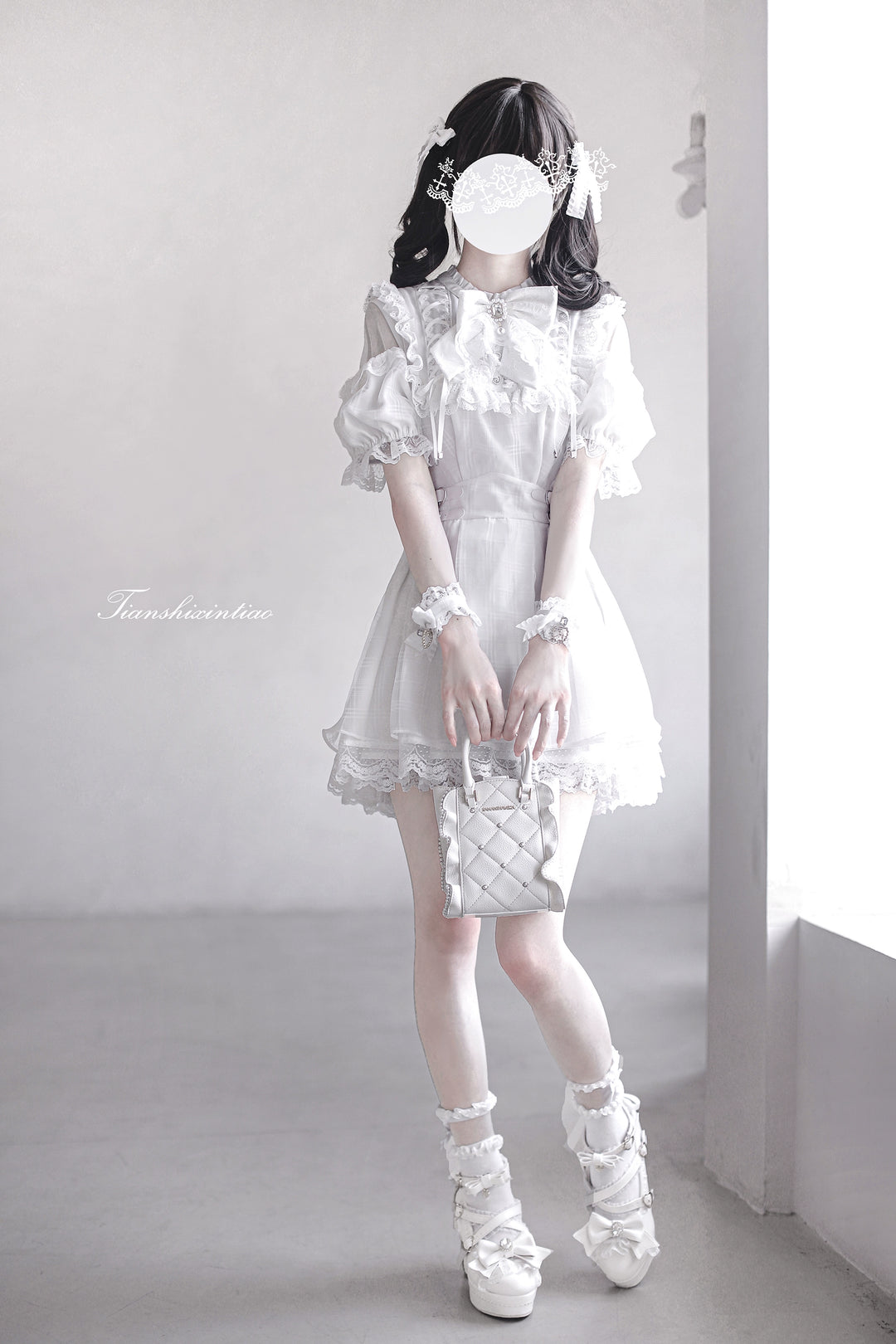 White Jirai Kei Dress with Puffy Sleeves and Tulle Shoulder – Honey Wardrobe White Jirai Kei Dress with Puffy Sleeves and Tulle Shoulder – Honey Wardrobe
