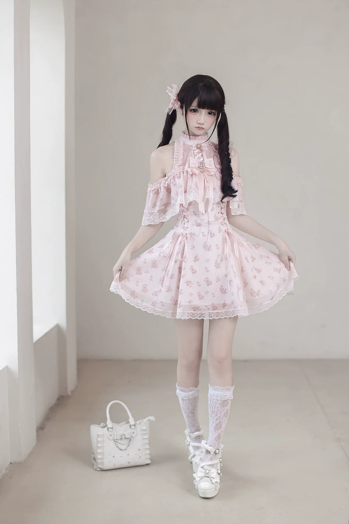 Pink Open Shoulder Ryousangata Dress, Floral Print 45289:846988