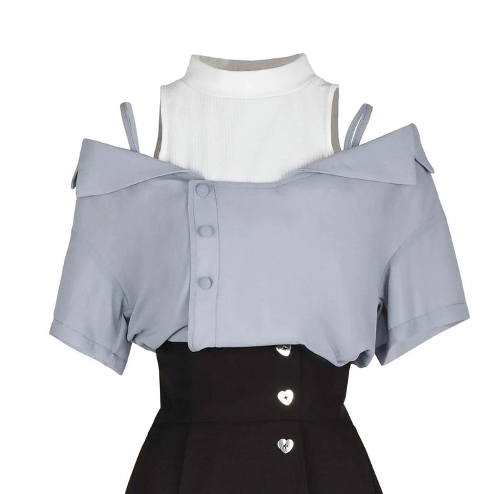 Elegant Outfit Set Chiffon Blouse Suspender Skirt Set (L M S) 40238:663496