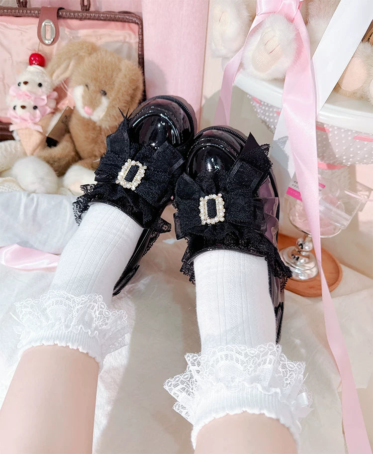 Jirai Kei Slip-On Chunky Heeled Shoes, Pearl Decorated Bow 45867:867767