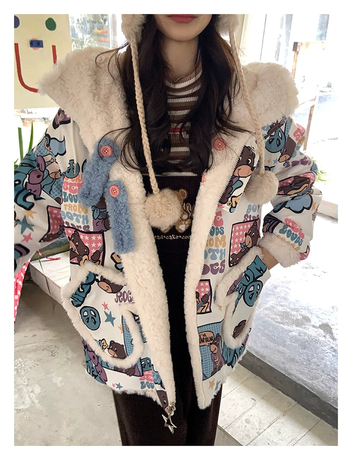 Kawaii Winter Coat Thickened Print Reversible Hooded Coat 39796:640908