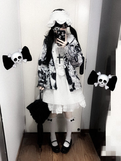 Kawaii Winter Coat Black White Girl Printed Cat Ear Padded Down Jacket 33318:431640