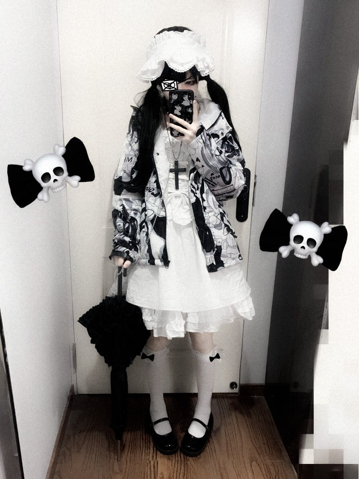 Kawaii Winter Coat Black White Girl Printed Cat Ear Padded Down Jacket 33318:431640 33318:431640