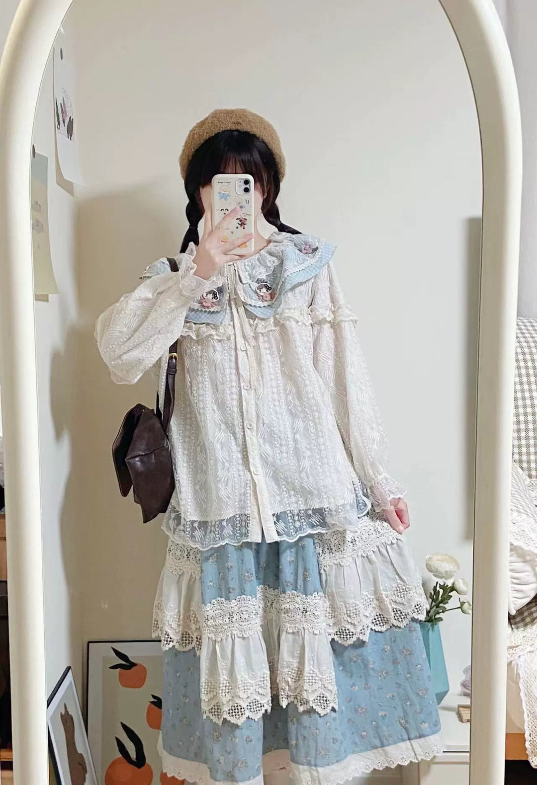 Mori Kei Blouse Blue Plaid Ruffle Lace Shirt Beige Top 39440:640556