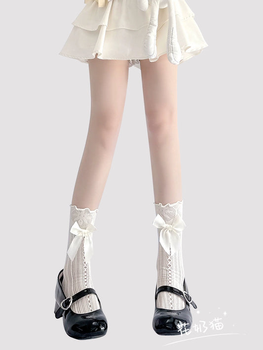 Lolita Socks Ballet Style Bow Lace Mid-Calf Socks 35628:500858