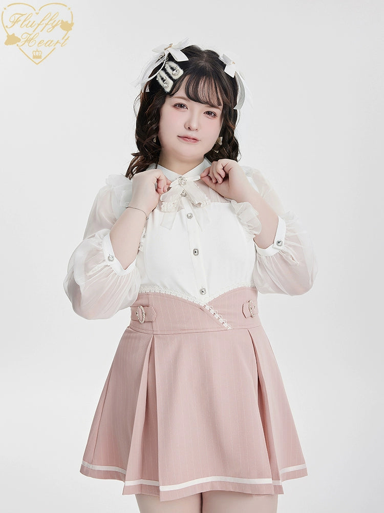 White Pink Jirai Kei Blouse Sheer Lace Shirt with Rhinestone 32914:403886