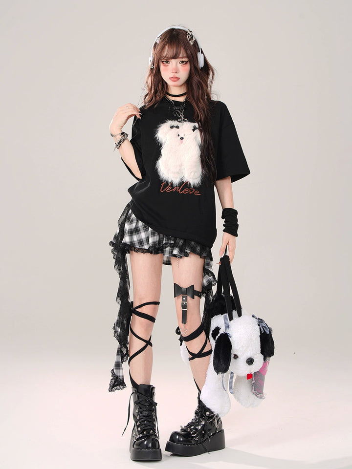 Gyaru Skirt Black Plaid Irregular Polka Dot Mesh Skirt 41996:722012