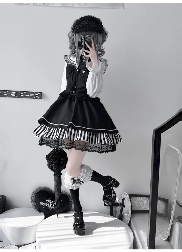 Jirai Kei Dress Set Sailor Collar Shirt And Black Vest Dress 41300:690666