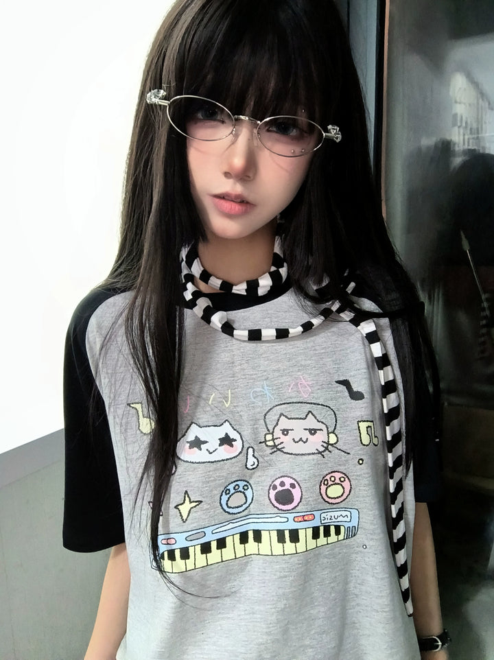 Kawaii Cat Print Shirt Cotton Short Sleeve T-shirt 35688:499390 35688:499390