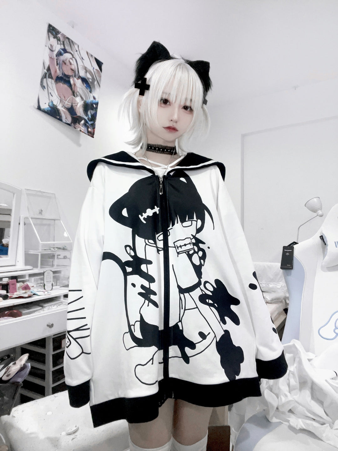 Jirai Kei Coat Cat Ears Sailor Collar Printed Bicolor Coat (L M) 33316:443904