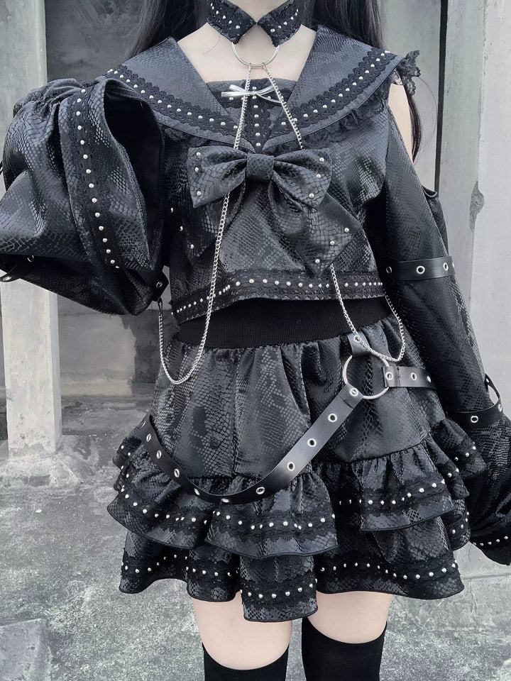 Subculture Black Top & Skirt Set, Snakeskin-Like Style 44771:827672