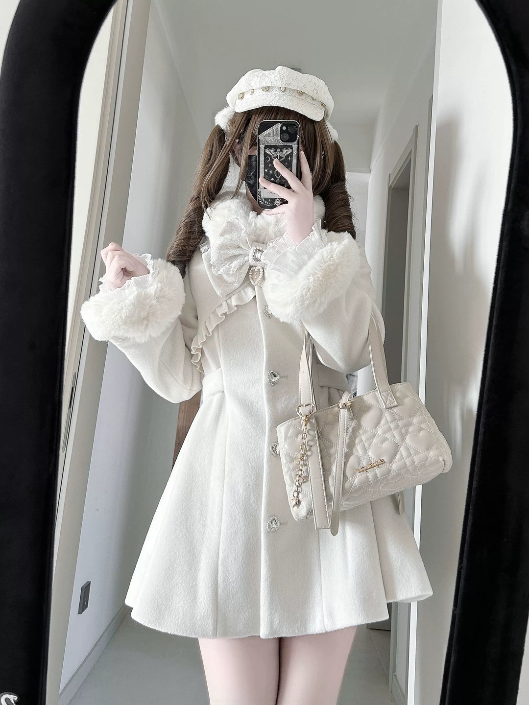 Fluffy Trim Ryousangata Winter Coat, Rhinestone Accents 44200:800812