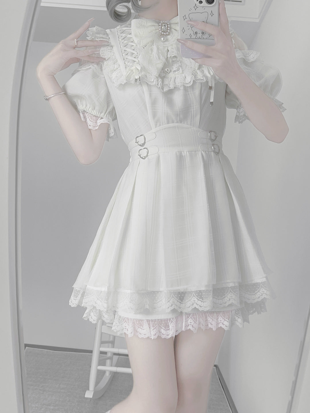 White Jirai Kei Dress with Puffy Sleeves and Tulle Shoulder – Honey Wardrobe White Jirai Kei Dress with Puffy Sleeves and Tulle Shoulder – Honey Wardrobe