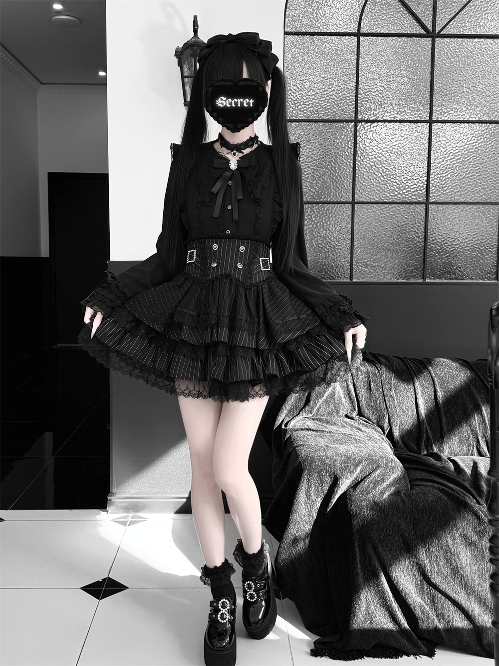 Jirai Kei Lace Blouse, High-Waist Tiered Skirt 44525:811410