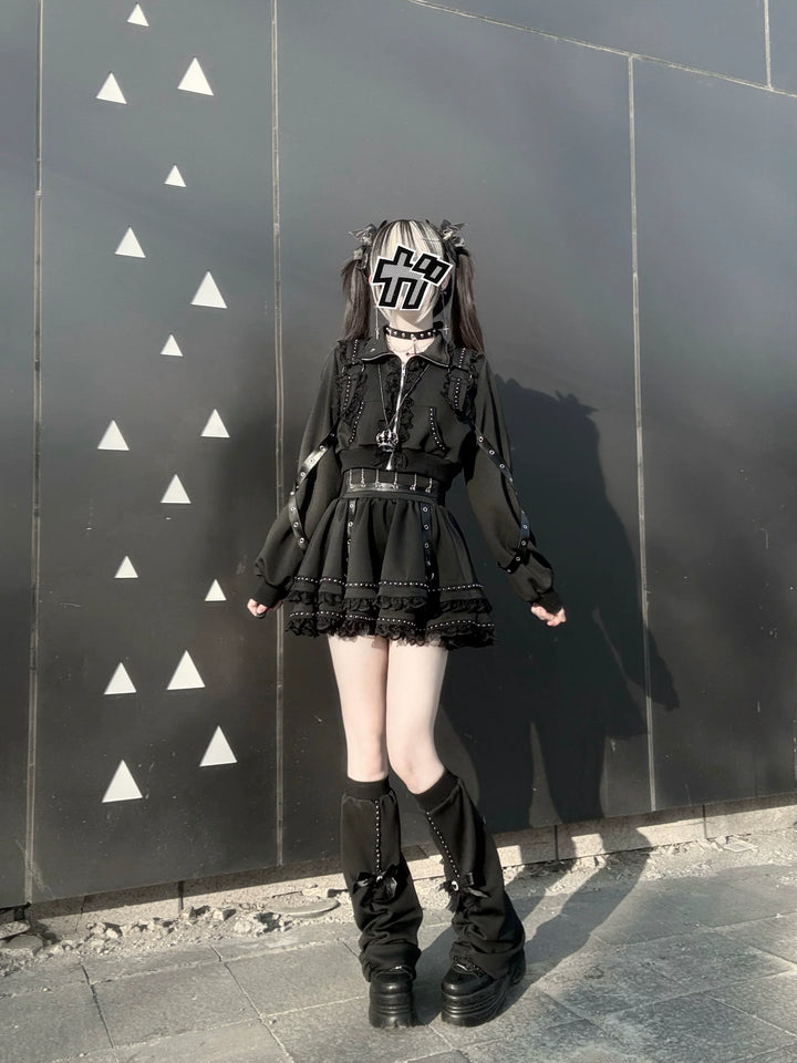 Punk Jacket and Skirt, Cross Zipper and Studs 45649:858247