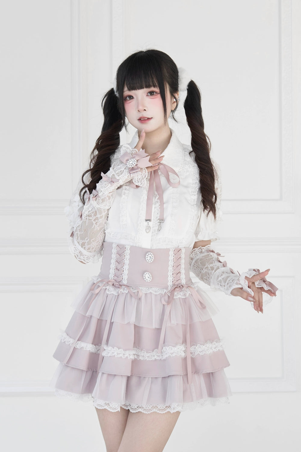 Jirai Kei Lace Arm Sleeves, Ribbon Bows, Rhinestones, Pearl Accents 43316:773884
