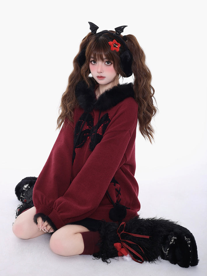 Yami Kawaii Sweater Bow Black Red Hoodie Detachable Collar 39556:639660