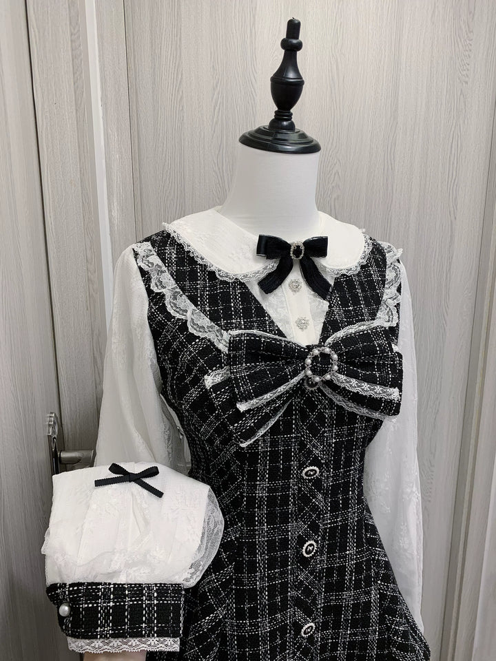 Jirai Kei Dress Black White Check Double Layer Sleeves Short Set 40140:658042