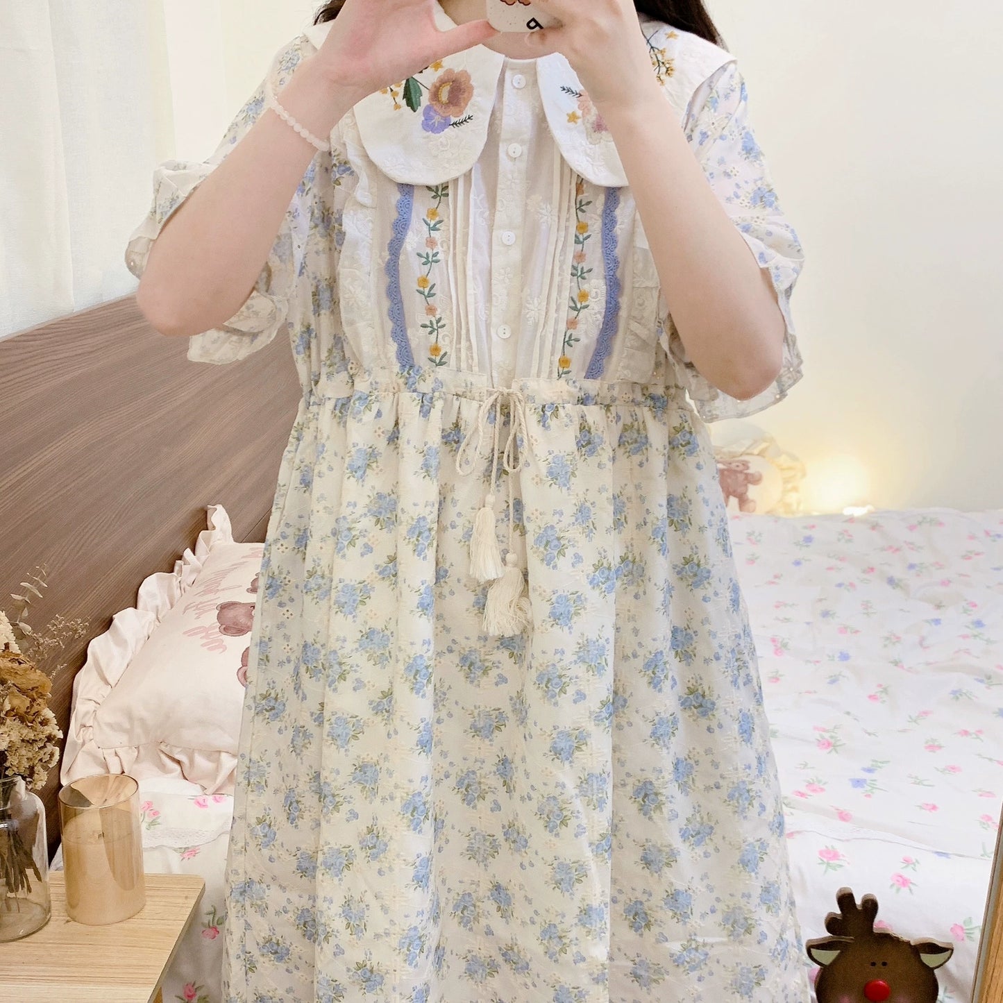 Cottagecore Dress Mori Kei Dress Blue Floral Dress 36236:526710