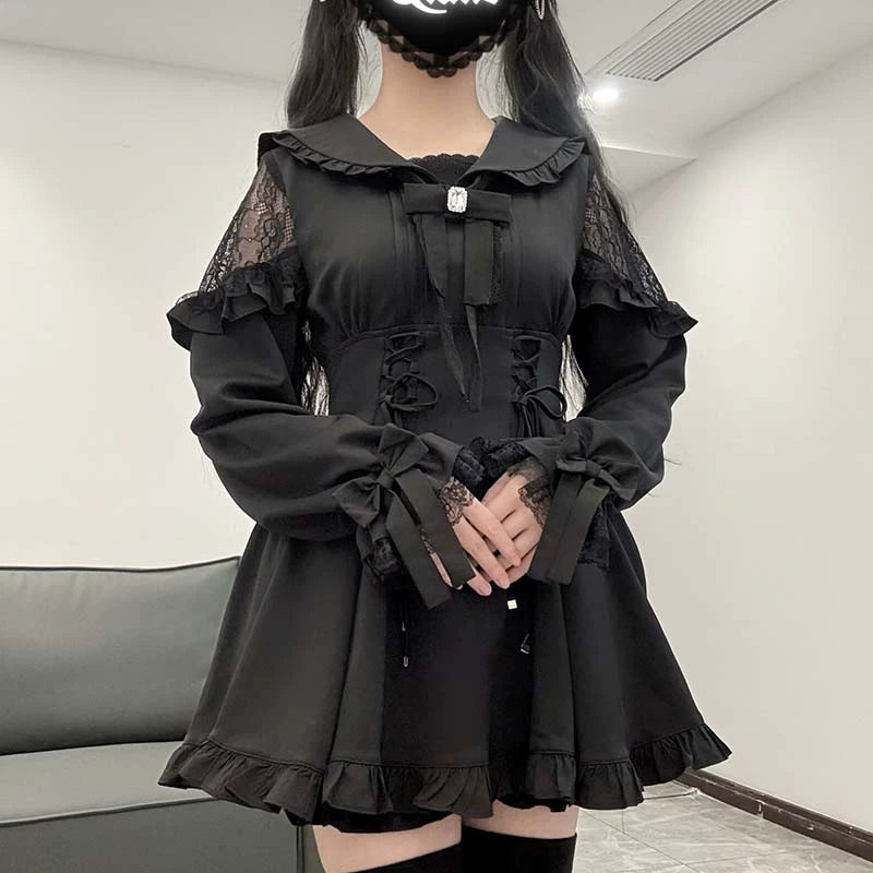 Jirai Kei Dress Set Black Sailor Collar Lace Dress Shorts 40076:649912