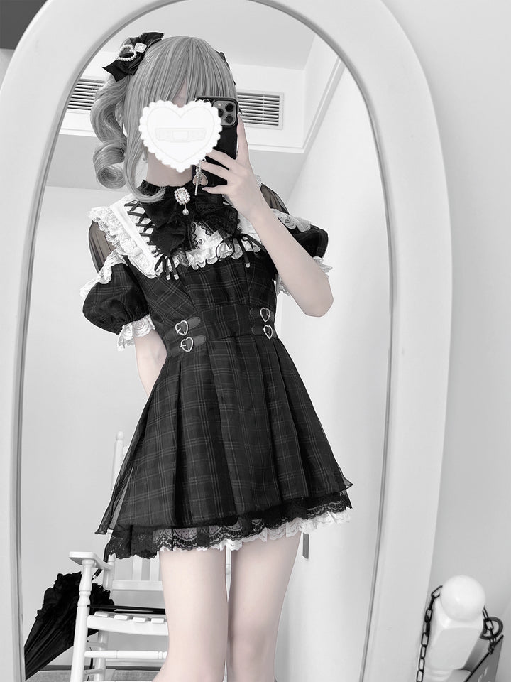 Off-Shoulder Jirai Kei Dress Set with Bow Tie & Safety Shorts 42705:761435