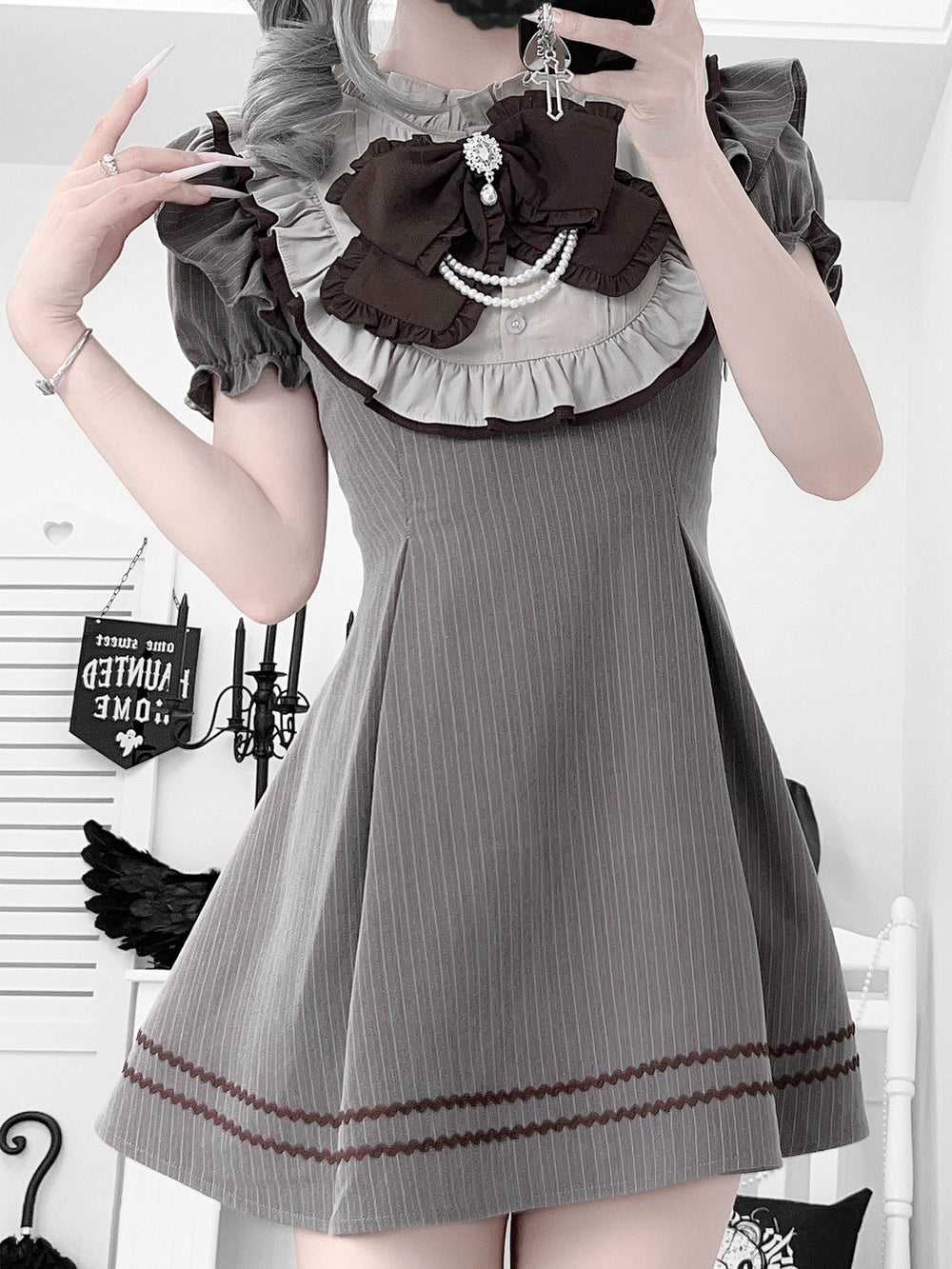 Striped Jirai Kei Dress,Thigh Length, Detachable Bowtie 43574:780063