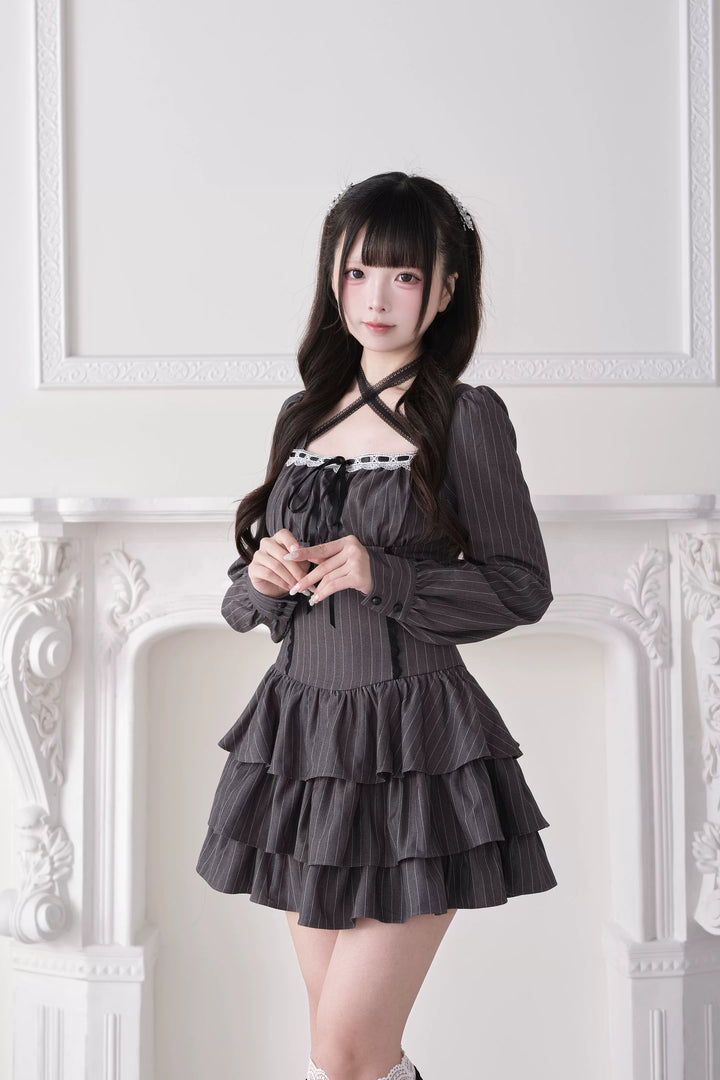 Jirai Kei Halter Neck Dress, Tiered Ruffles 44688:819246