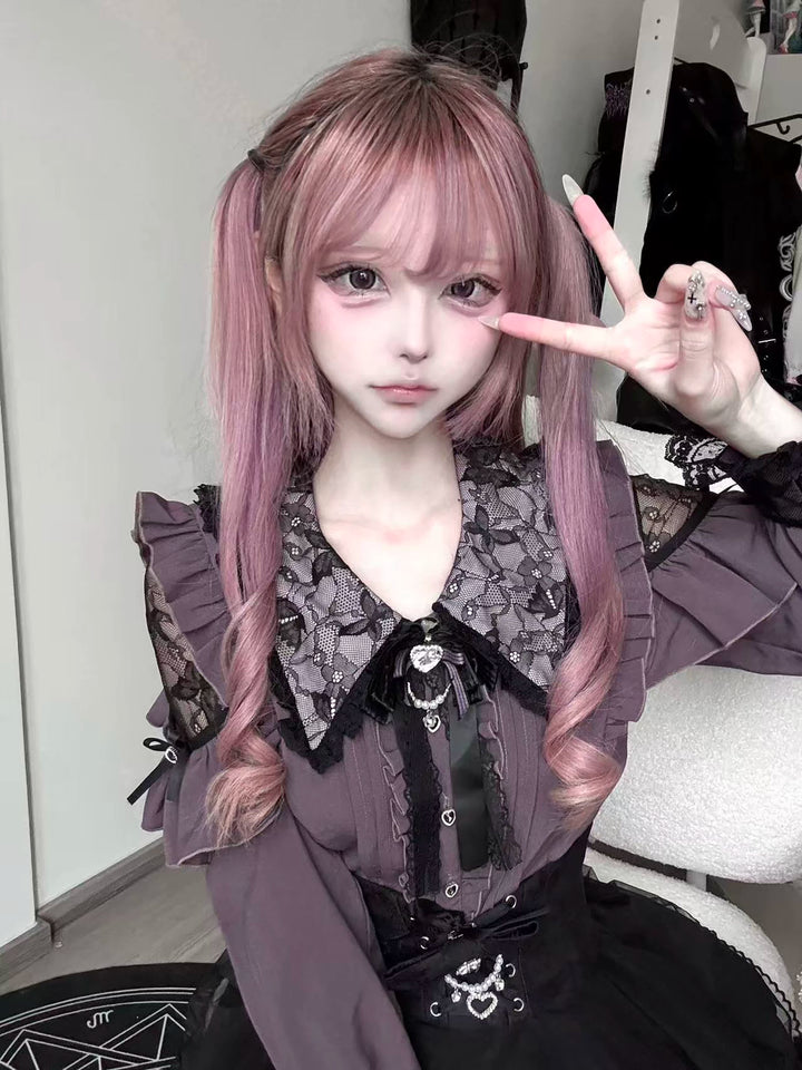 Jirai Kei Long Sleeve Blouse, Lace Open-Shoulder 44588:815032