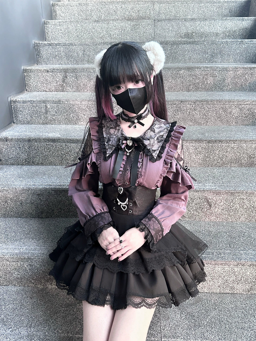 Jirai Kei Long Sleeve Blouse, Lace Open-Shoulder 44588:815048