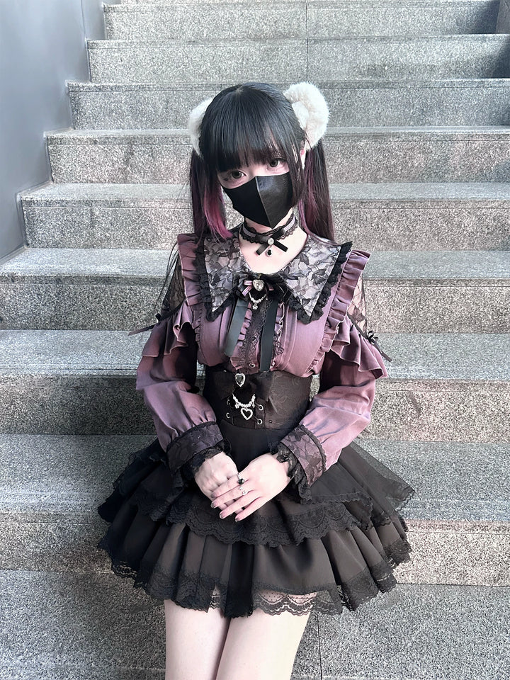 Jirai Kei Long Sleeve Blouse, Lace Open-Shoulder 44588:815048