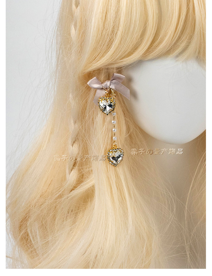 Jirai Kei Earrings Rhinestone Bow Pearl Chain Ear Clip 39658:647708