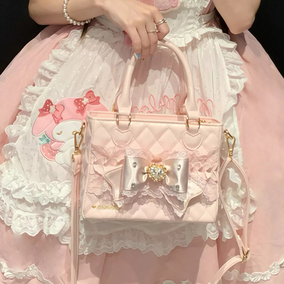 Ryousangata Square Handbag, Lace Bow & Diamond Quilting 45754:862805