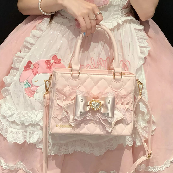 Ryousangata Square Handbag, Lace Bow & Diamond Quilting 45754:862805