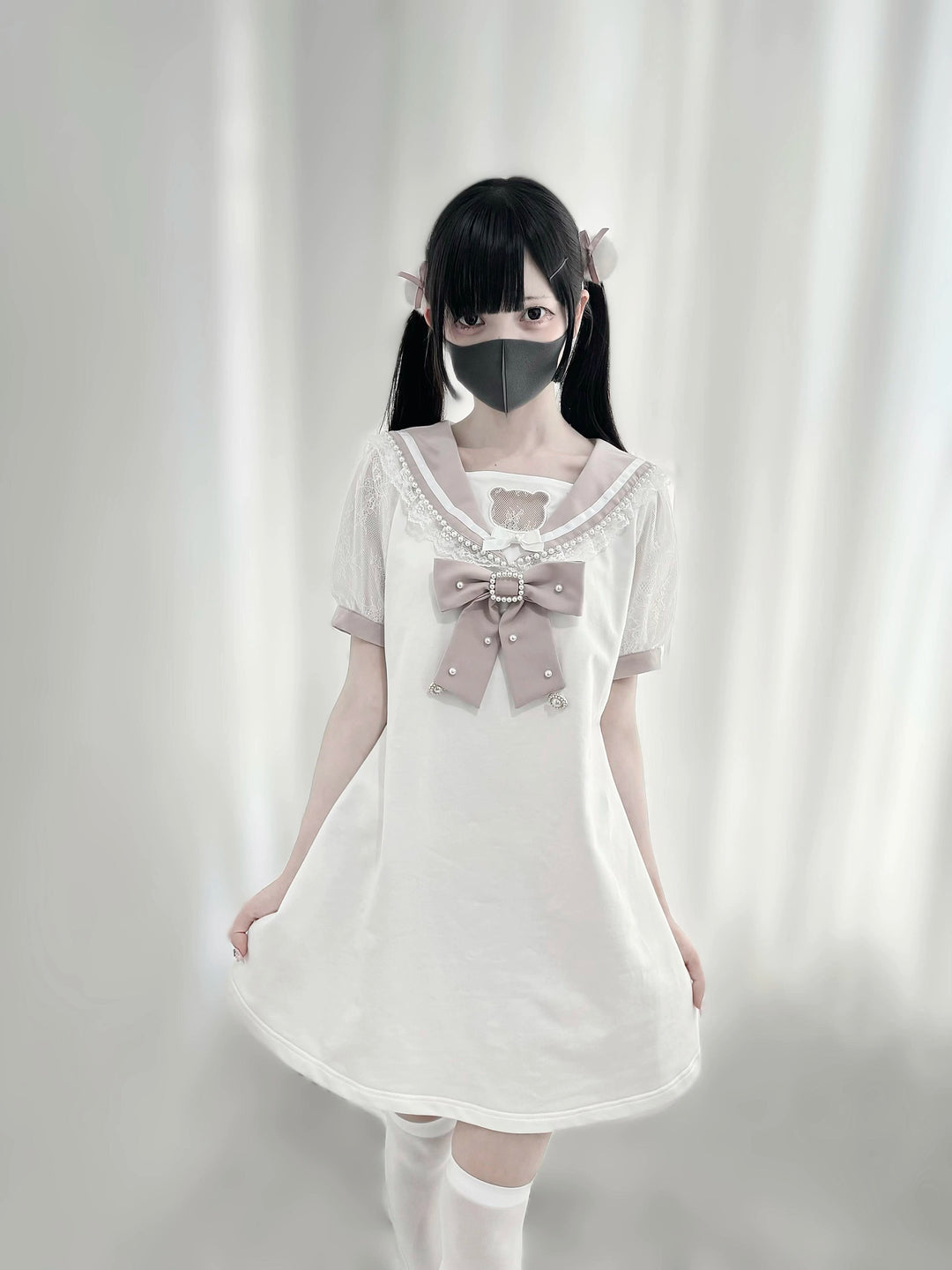 Jirai Kei Dress Sailor Collar Pearl Lace Dress (M) 37656:606546