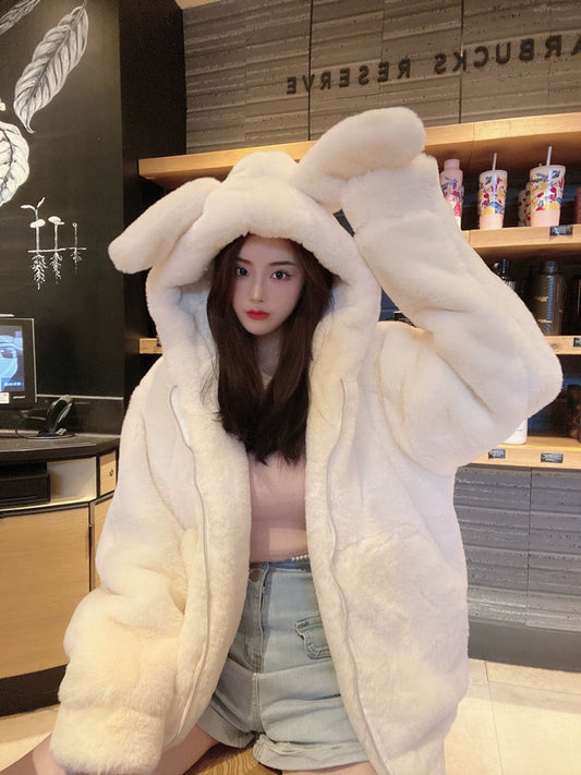 Jirai Kei Winter Coat Thick Fleece Hooded With Cute Bunny Ears 32468:386328
