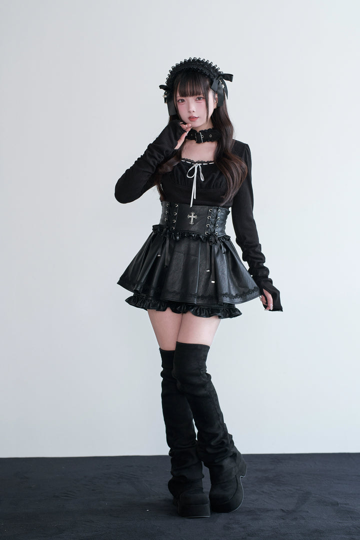 Jirai Kei Choker Top, High-Waisted Leather Skort 44327:805445