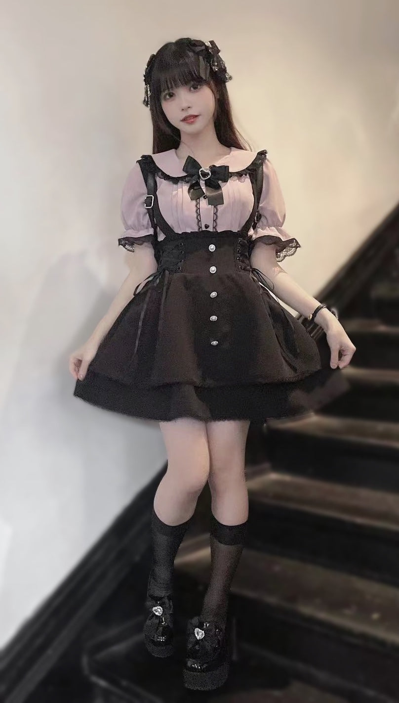 Jirai Kei Pearl Lace Up Butterfly Bow Black Skirt (F / 黑黑（现货）) 21738:311038