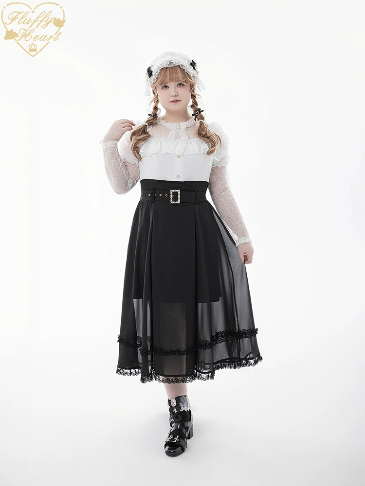 Lace-sleeves Jirai Kei Blouse & Voile Skirt With Detachable Belt (2XL L M S XL) 42954:758892