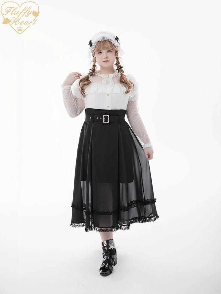 Lace-sleeves Jirai Kei Blouse & Voile Skirt With Detachable Belt (2XL L M S XL) 42954:758892