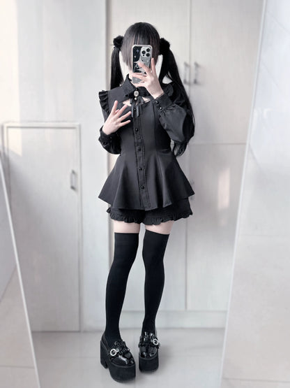Jirai Kei Dress Set Black Wine Red Lace Trims Long Sleeve Set 35308:492870