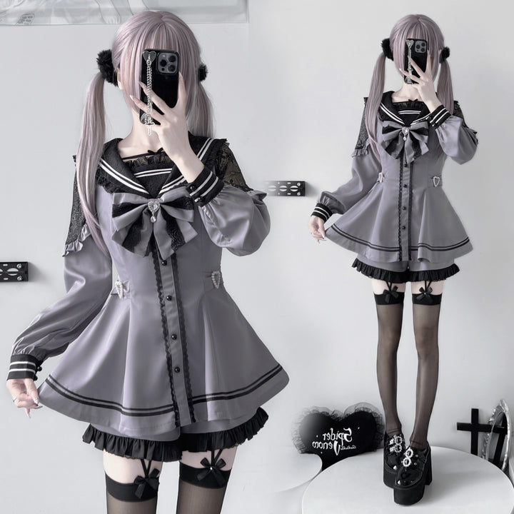 Jirai Kei Dress Set Sailor Collar Long-sleeved Dress 34502:734660