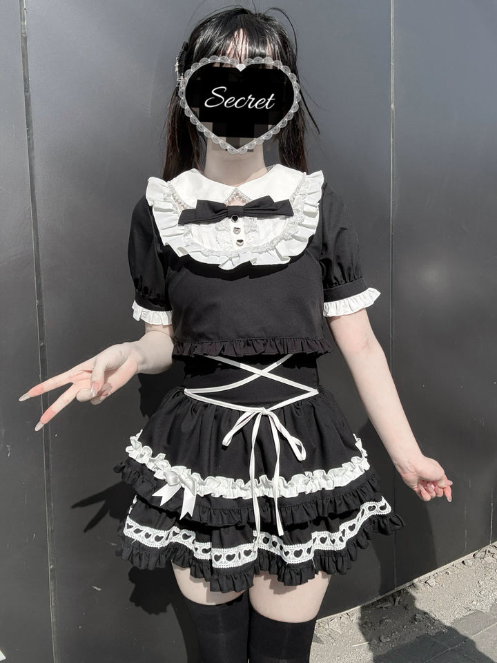Jirai Kei Striped Blouse and Skirt Set, Pearl-trimmed Collar 45333:848632