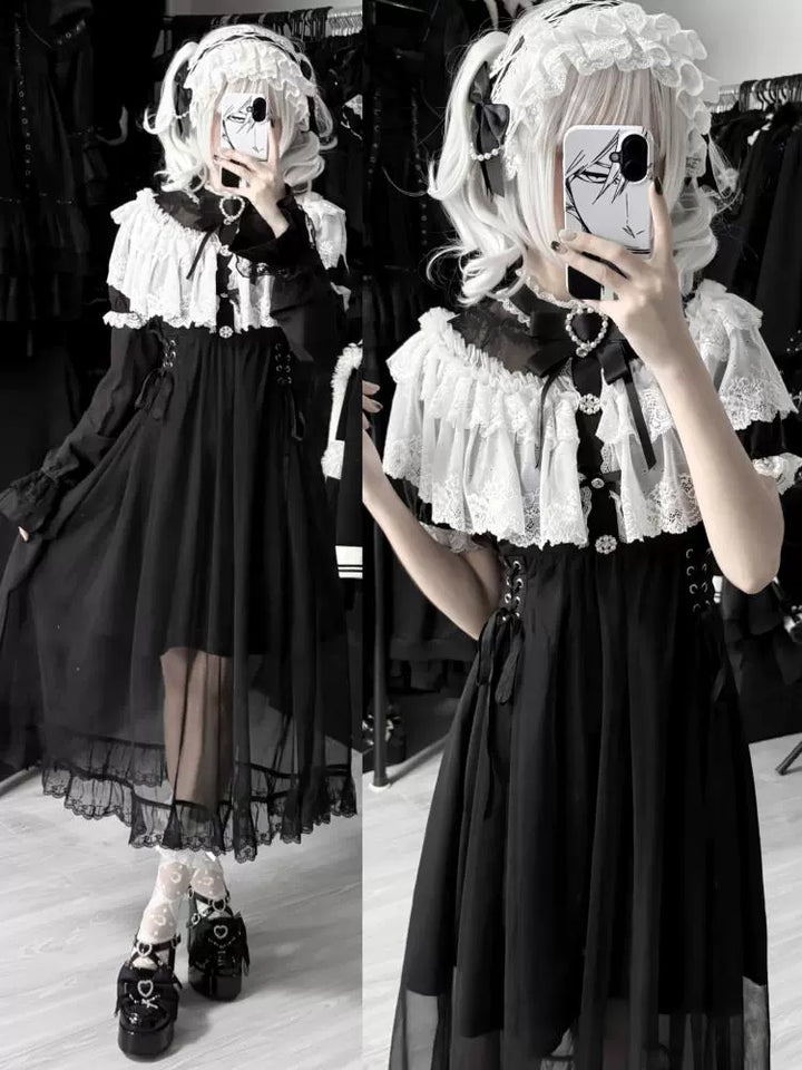 Long Jirai Kei Lace Cape Dress, Detachable Sleeves (L M S XL) 43590:780597